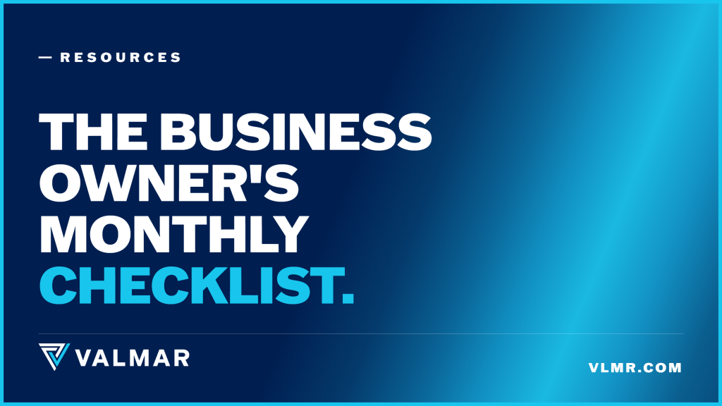 The Business Owner's Monthly Checklist cover on a navy background with Valmar Merchant Services branding